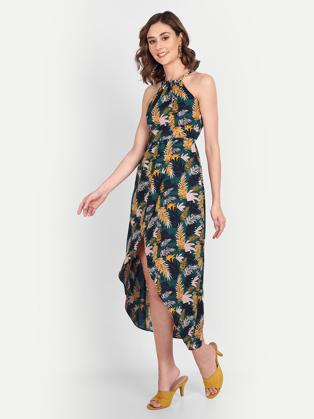 Essque Green Tropical Print Halter Neck Tie-Up Dress - Essque Attire With Attitude