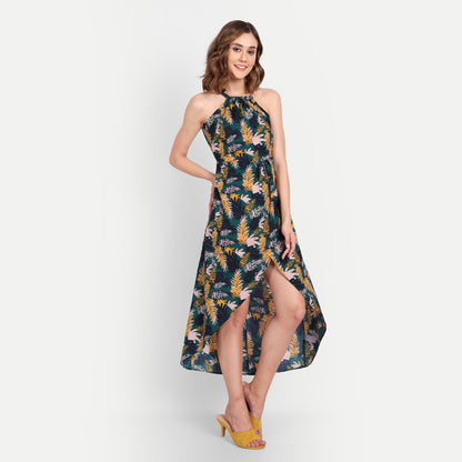 Essque Green Tropical Print Halter Neck Tie-Up Dress - Essque Attire With Attitude