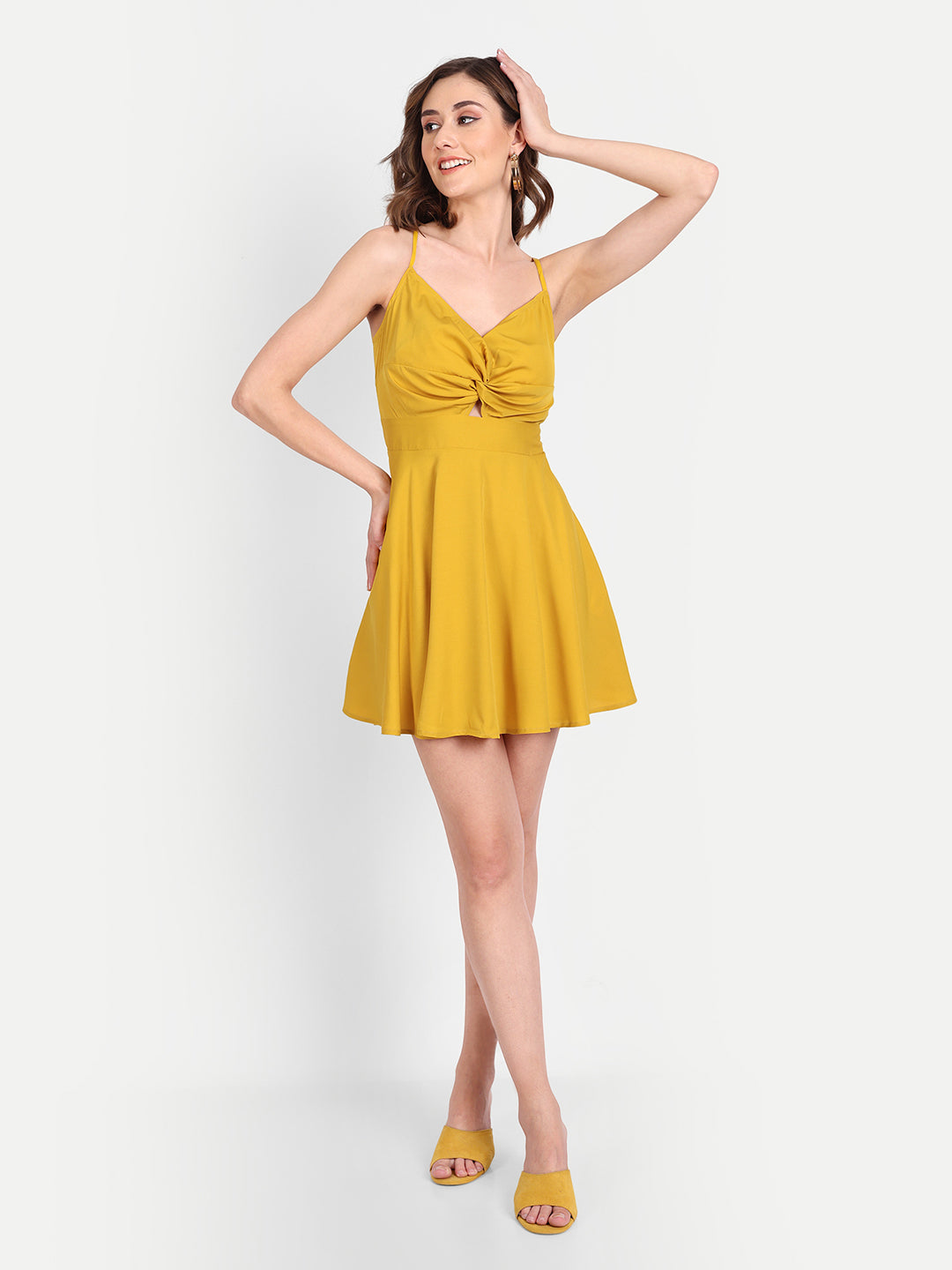 Essque Yellow Solid Back Knotting Fit and Flare Mini  Dress - Essque Attire With Attitude