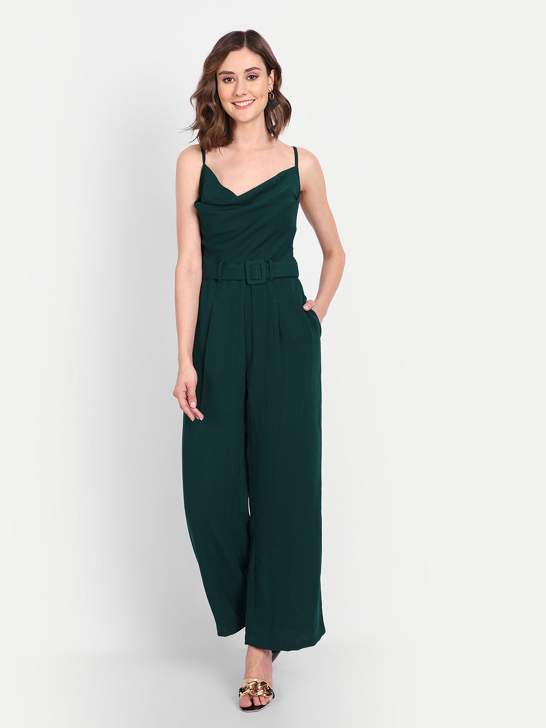 Essque Green Solid Women Cowl Neck Jumpsuit - Essque Attire With Attitude