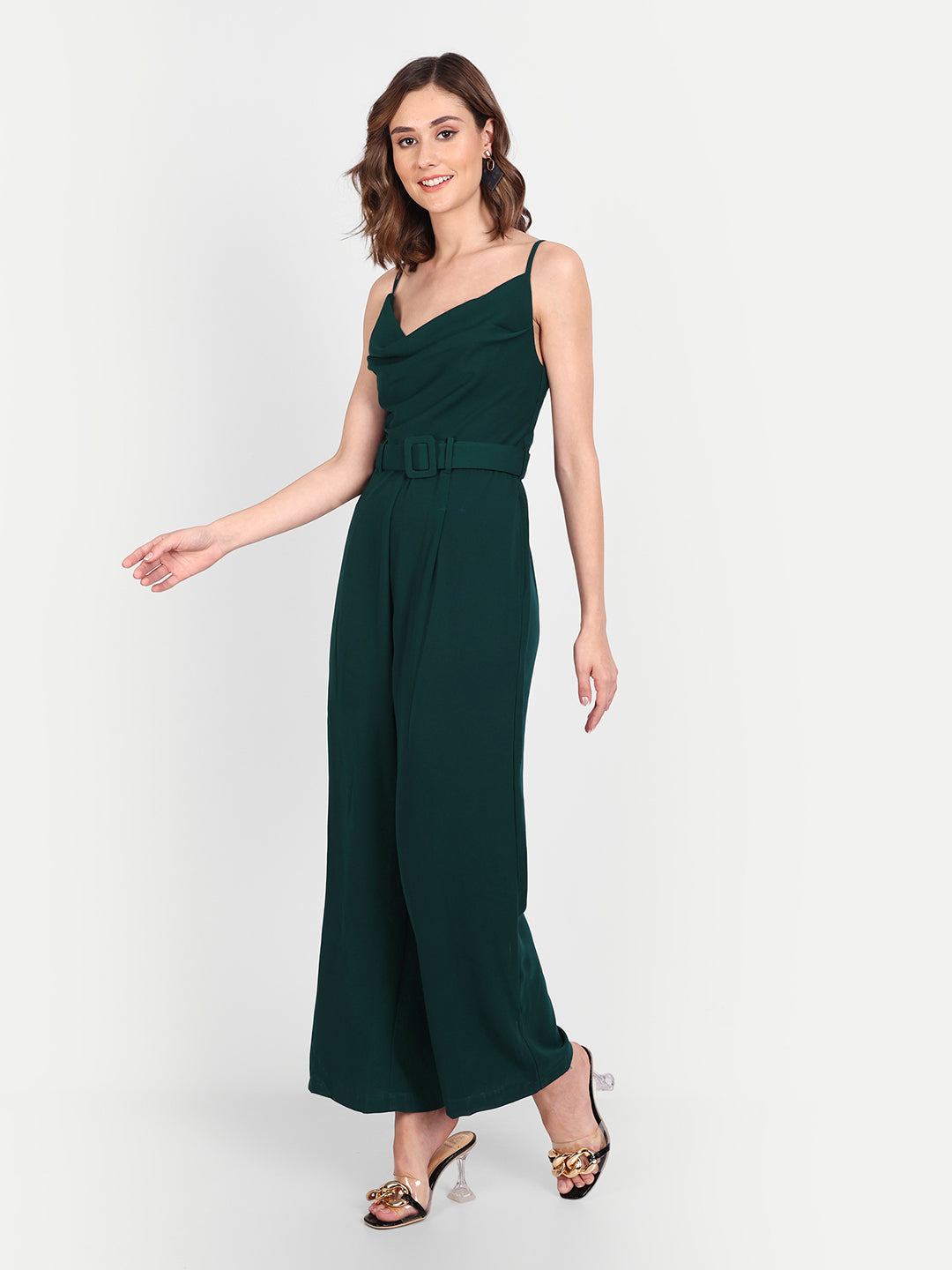 Essque Green Solid Women Cowl Neck Jumpsuit - Essque Attire With Attitude