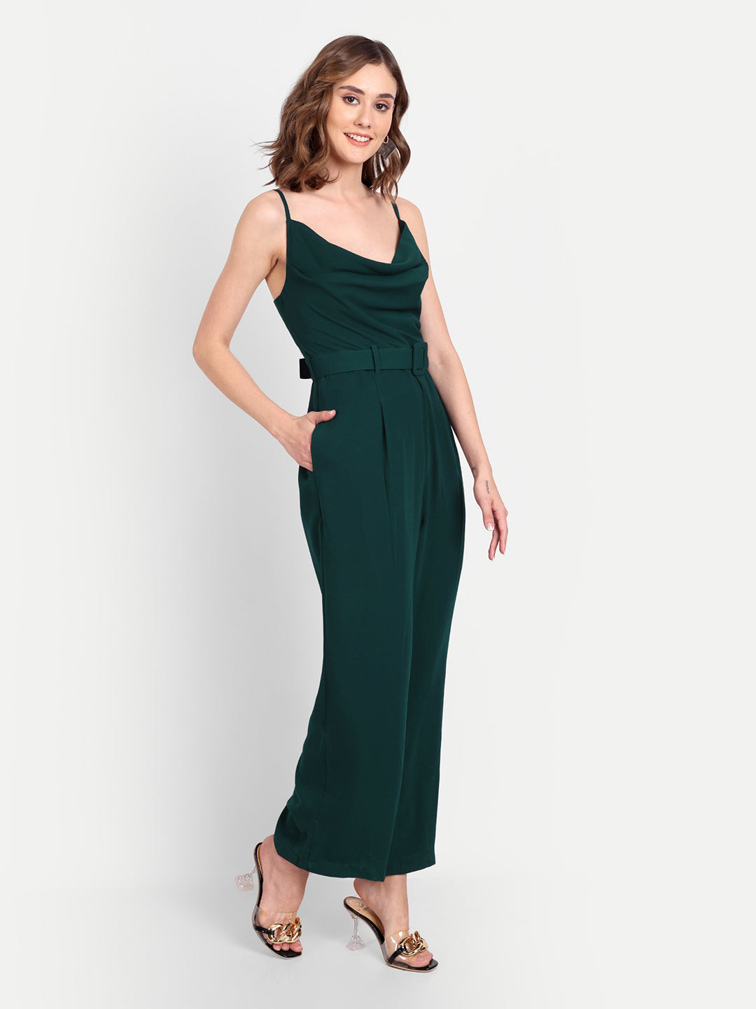 Essque Green Solid Women Cowl Neck Jumpsuit - Essque Attire With Attitude