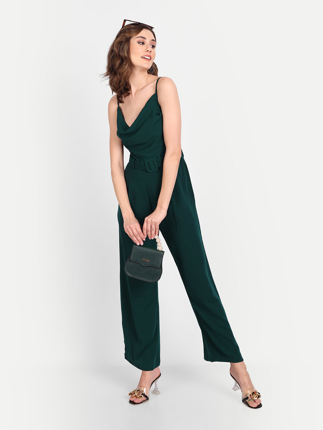 Essque Green Solid Women Cowl Neck Jumpsuit - Essque Attire With Attitude