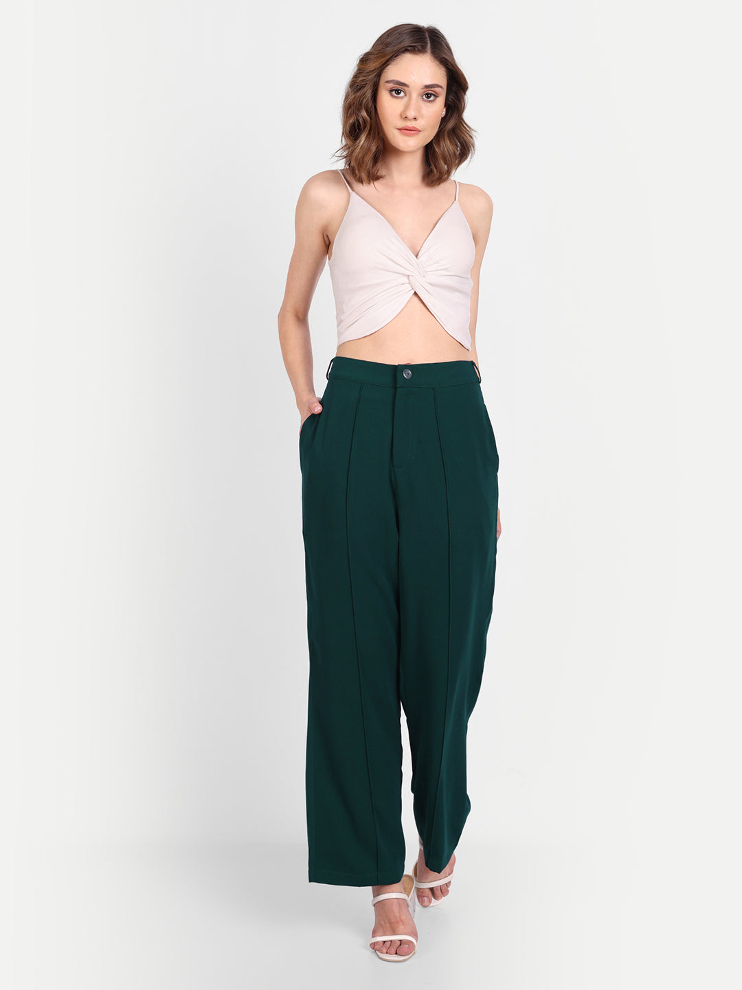 Essque Green Solid Women Front Pin tucks Trouser - Essque Attire With Attitude