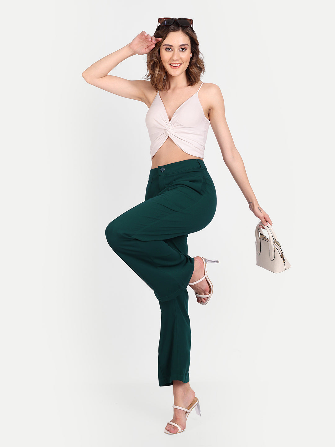 Essque Green Solid Women Front Pin tucks Trouser - Essque Attire With Attitude