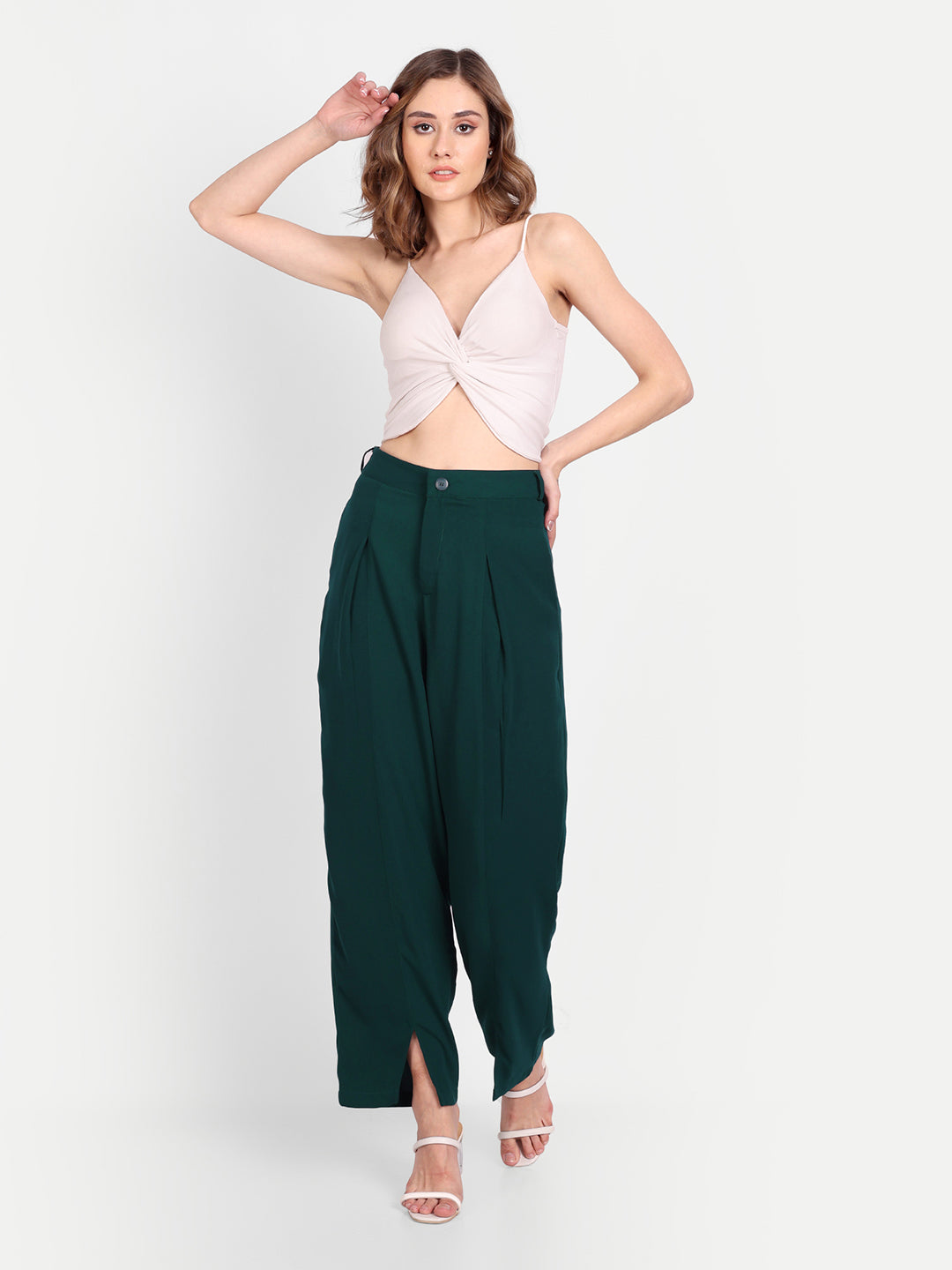 Essque Green Solid Women Front Hemline Slit Pant - Essque Attire With Attitude