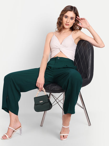 Essque Green Solid Women Front Hemline Slit Pant - Essque Attire With Attitude