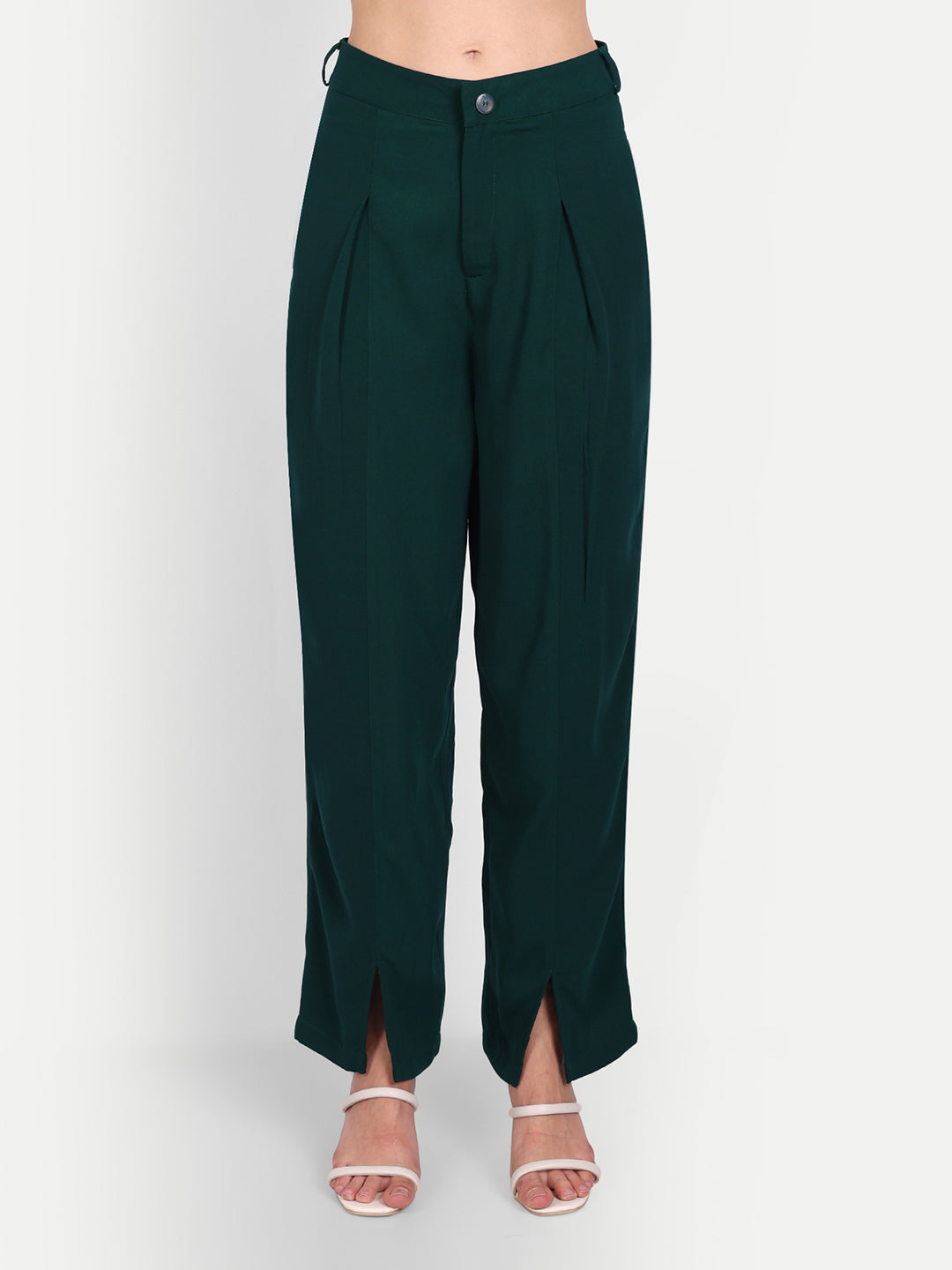 Essque Green Solid Women Front Hemline Slit Pant - Essque Attire With Attitude