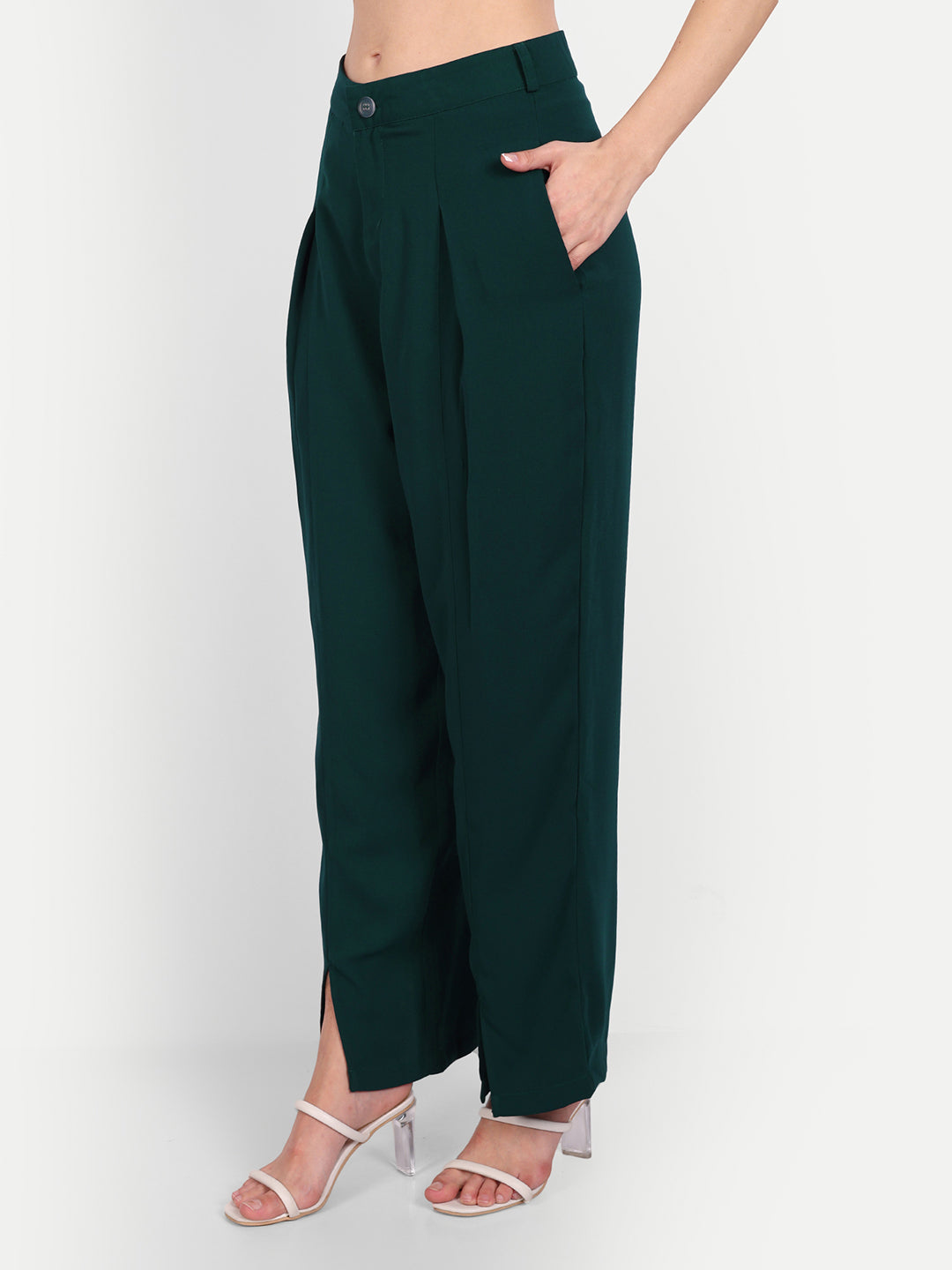 Essque Green Solid Women Front Hemline Slit Pant - Essque Attire With Attitude