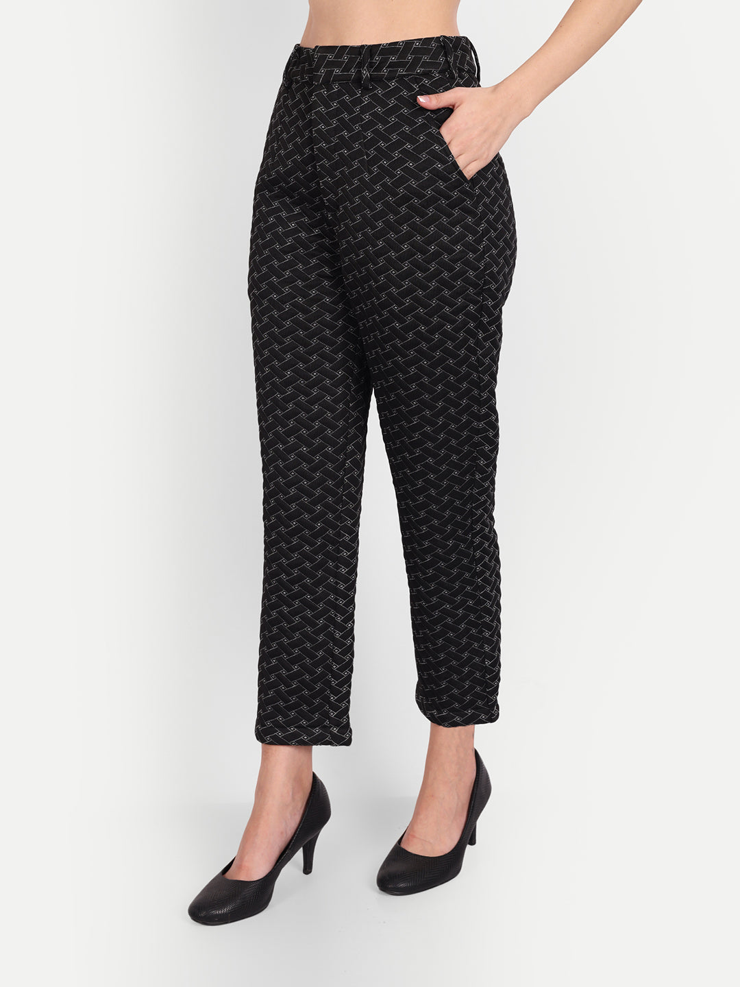 Essque Black Self Design Slim Fit Trousers - Essque Attire With Attitude