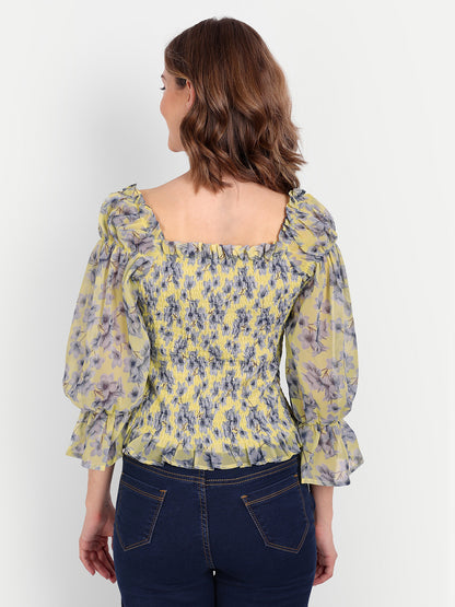 Essque Yellow Printed Front Smocking Full Sleeves Top - Essque Attire With Attitude