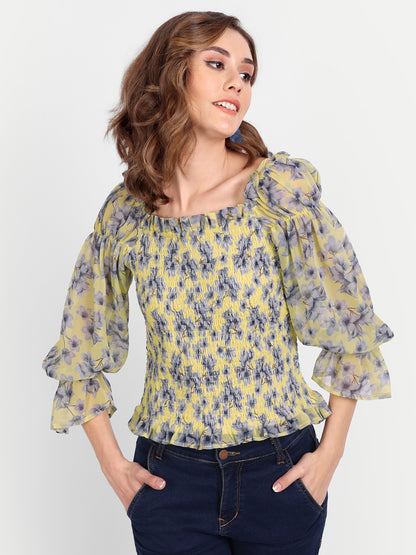 Essque Yellow Printed Front Smocking Full Sleeves Top - Essque Attire With Attitude