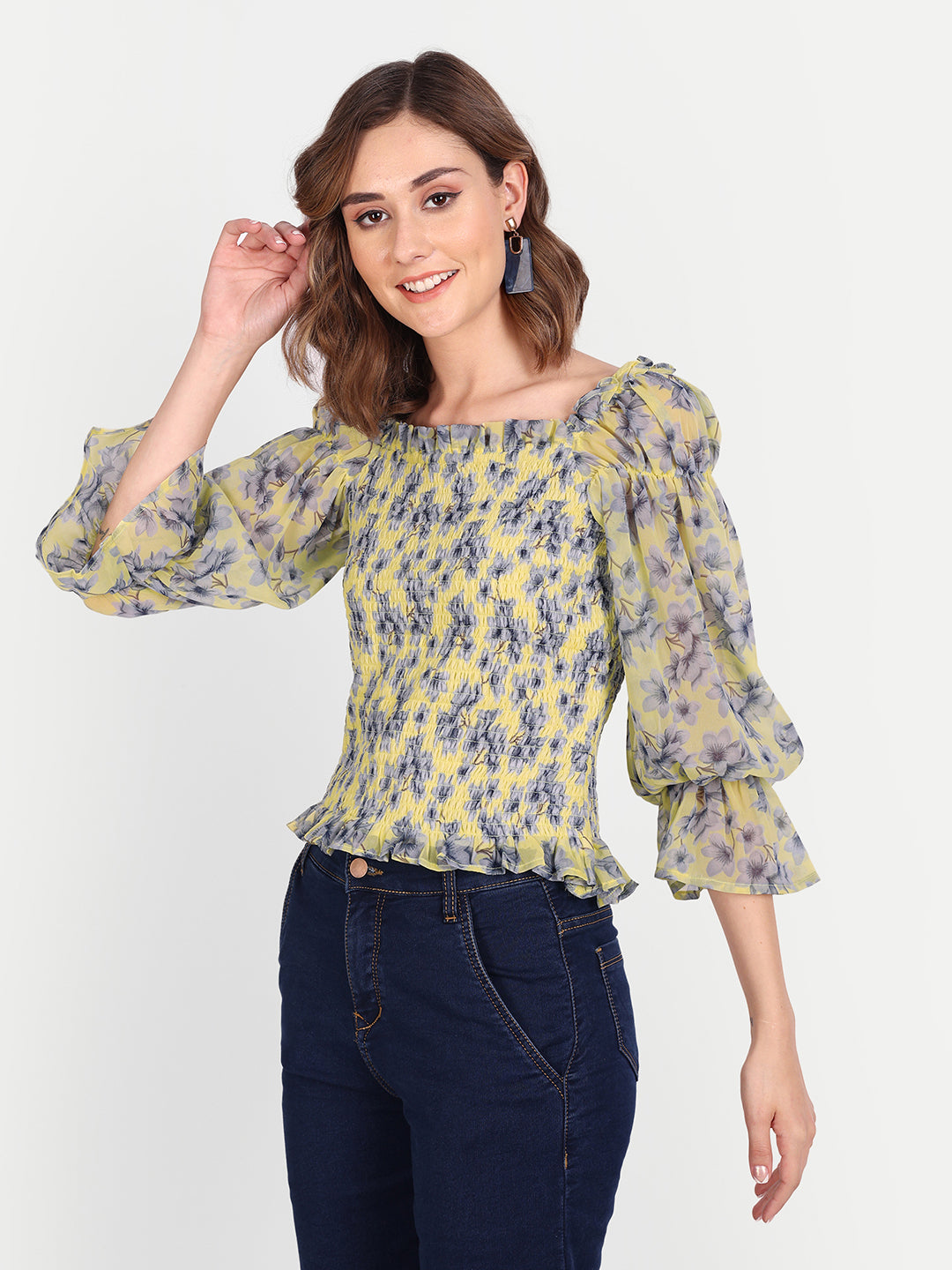 Essque Yellow Printed Front Smocking Full Sleeves Top - Essque Attire With Attitude