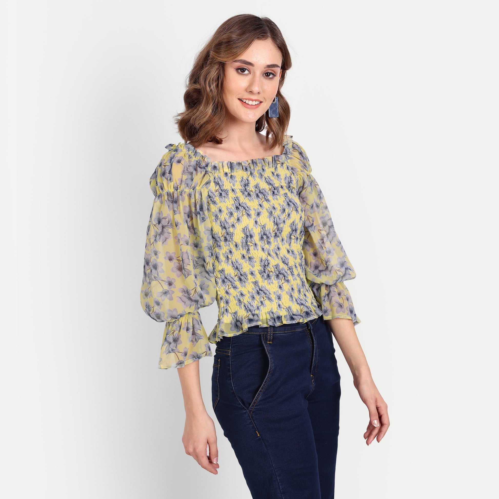 Essque Yellow Printed Front Smocking Full Sleeves Top - Essque Attire With Attitude