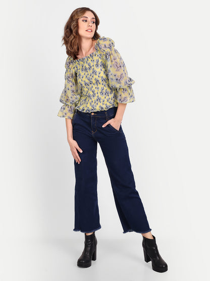 Essque Yellow Printed Front Smocking Full Sleeves Top - Essque Attire With Attitude