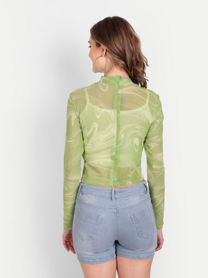 Essque Green Mesh Abstract Print Back Zipper Opening Top - Essque Attire With Attitude