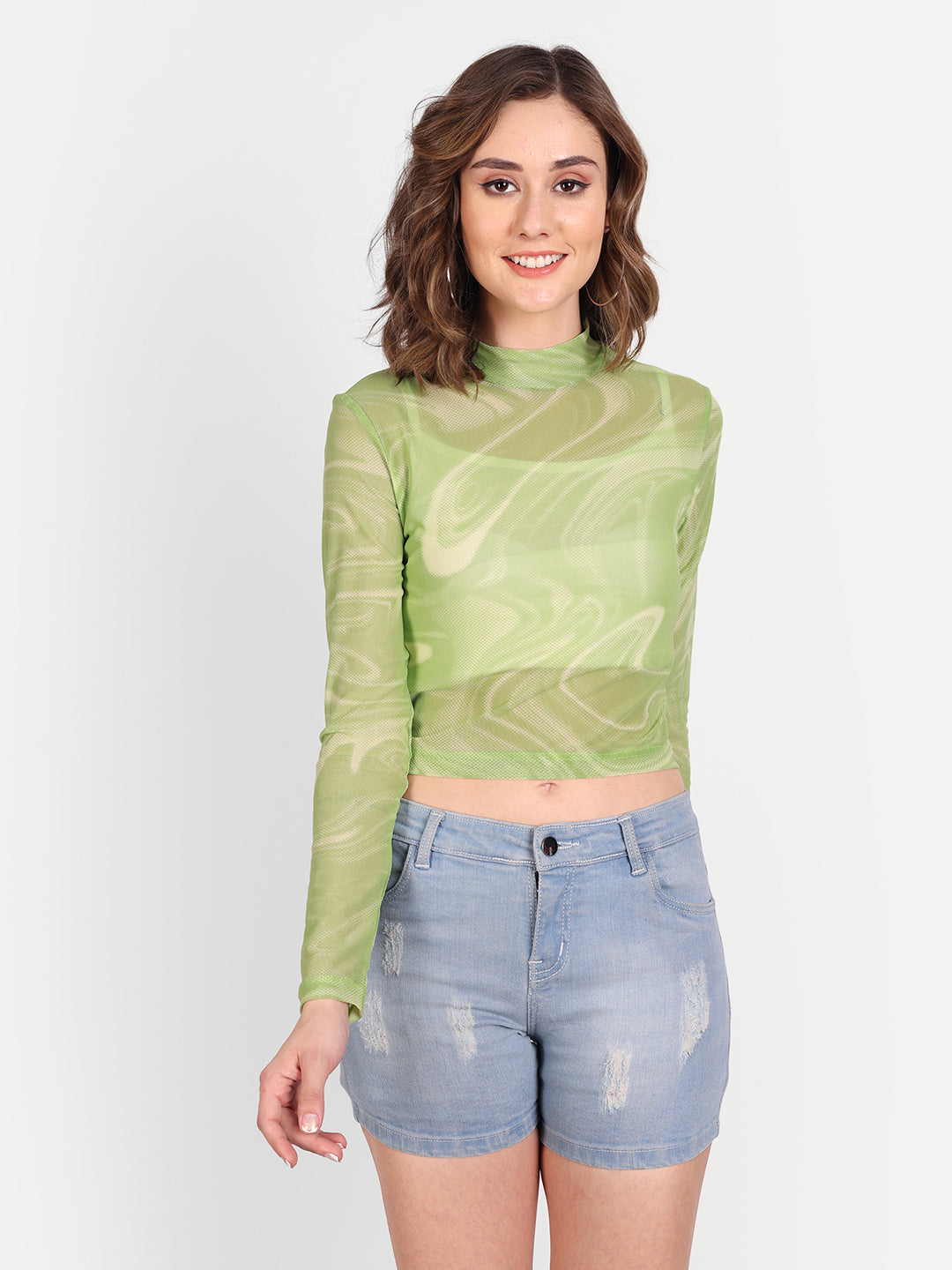 Essque Green Mesh Abstract Print Back Zipper Opening Top - Essque Attire With Attitude