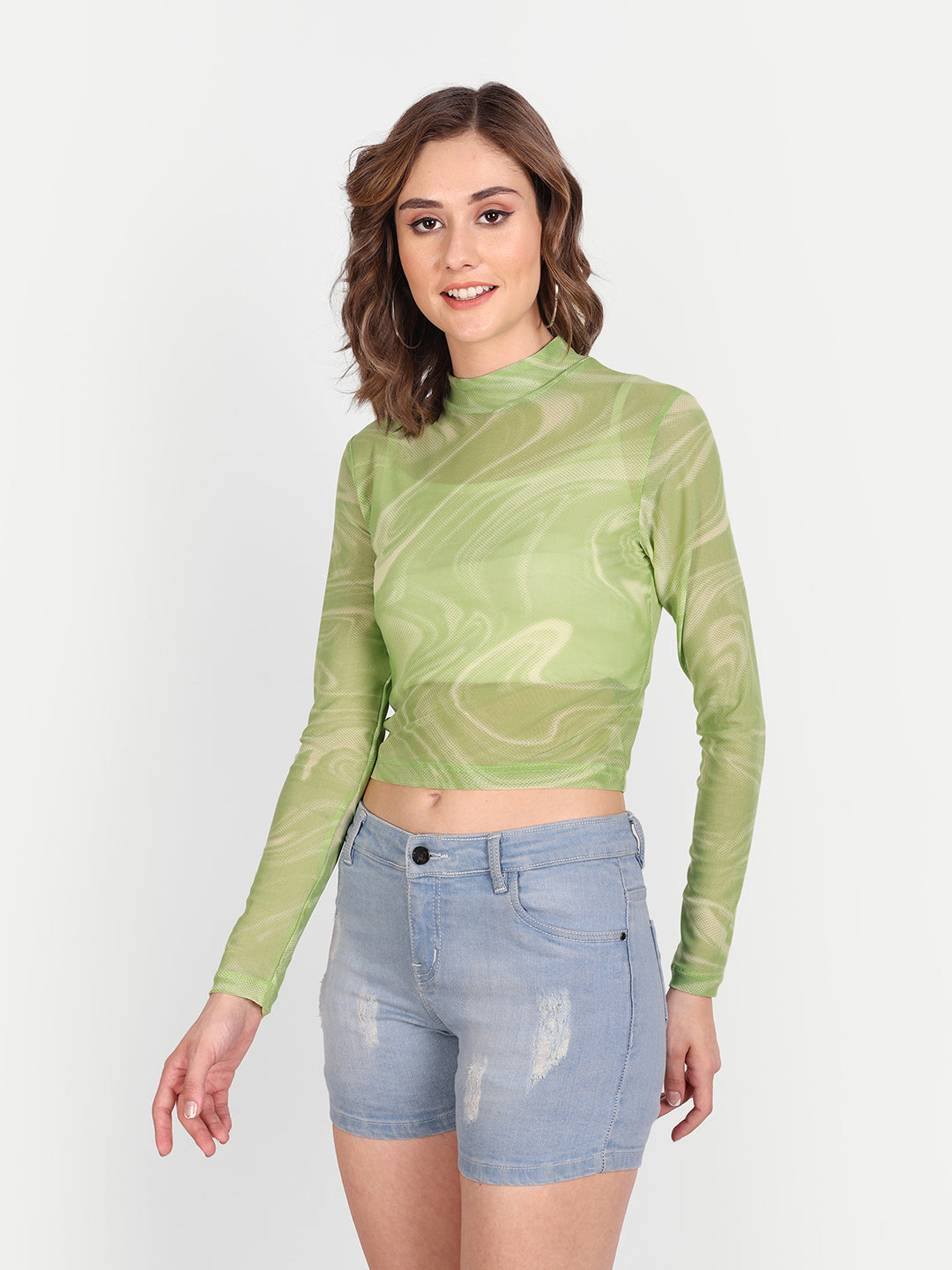 Essque Green Mesh Abstract Print Back Zipper Opening Top - Essque Attire With Attitude