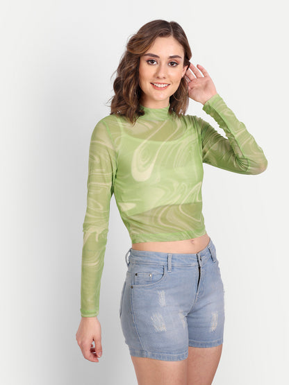 Essque Green Mesh Abstract Print Back Zipper Opening Top - Essque Attire With Attitude