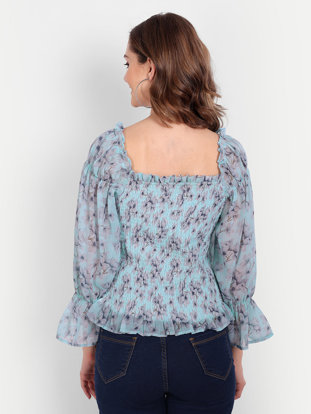 Essque Light Blue Print Front Smocking Full Sleeves Top - Essque Attire With Attitude