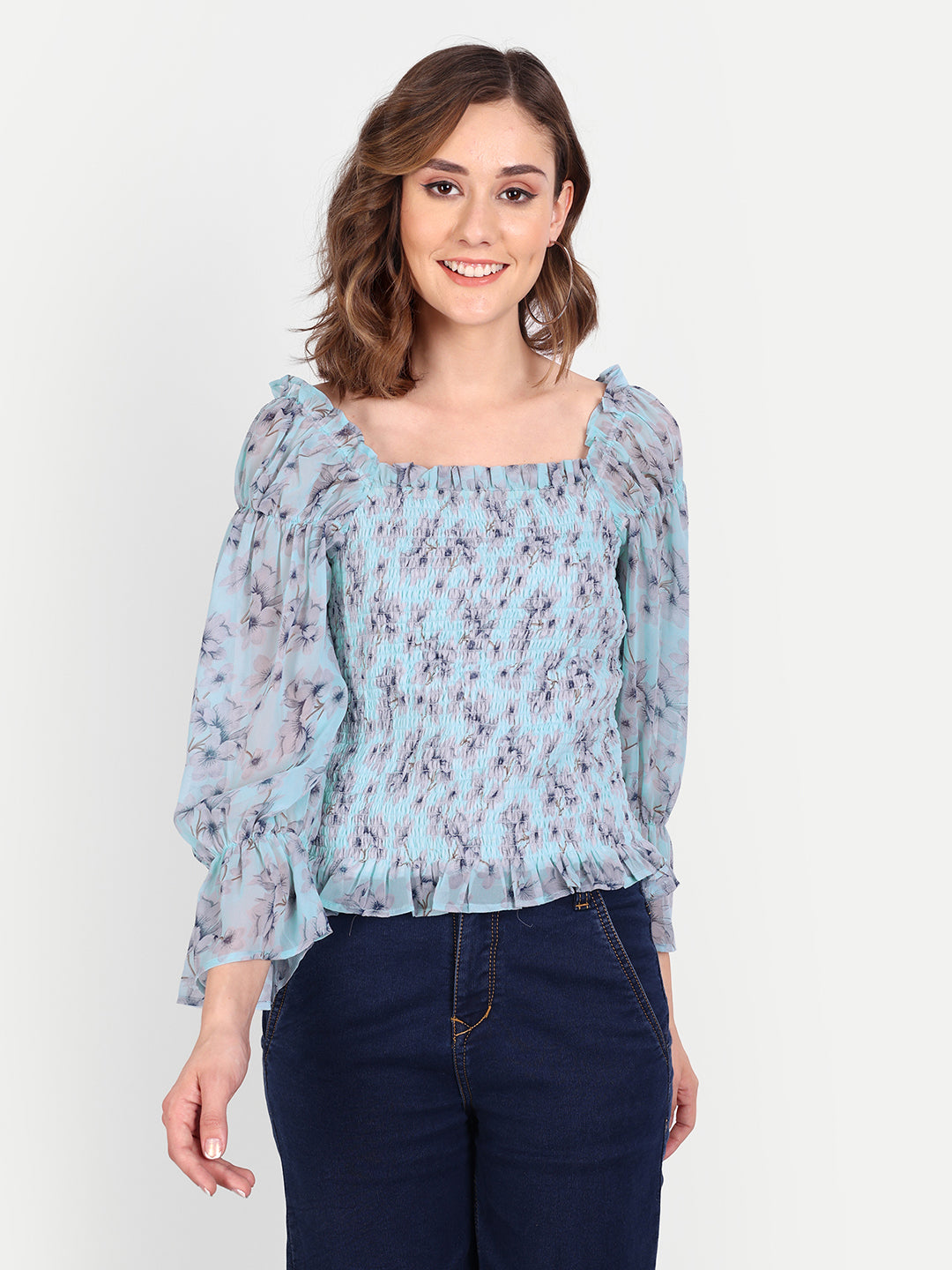 Essque Light Blue Print Front Smocking Full Sleeves Top - Essque Attire With Attitude