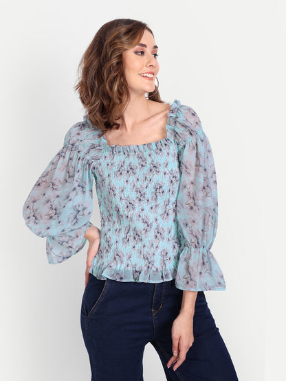 Essque Light Blue Print Front Smocking Full Sleeves Top - Essque Attire With Attitude