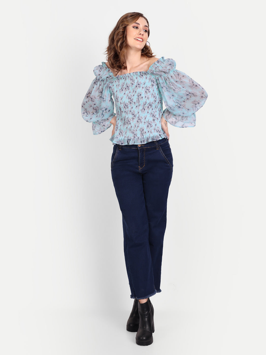 Essque Light Blue Print Front Smocking Full Sleeves Top - Essque Attire With Attitude