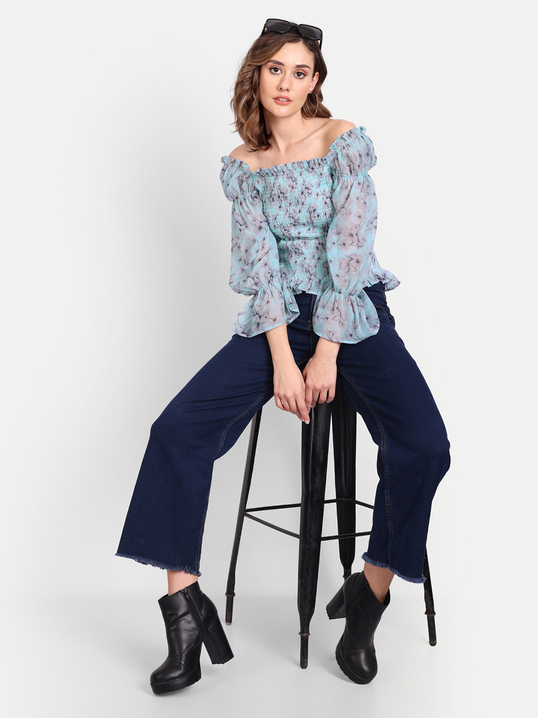 Essque Light Blue Print Front Smocking Full Sleeves Top - Essque Attire With Attitude