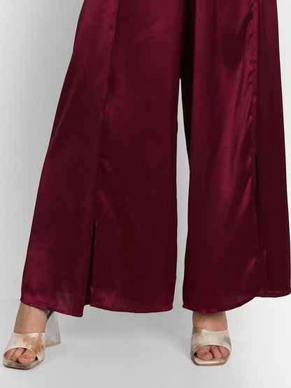 Essque Maroon Solid Satin Stylish Co-Ord Set - Essque Attire With Attitude