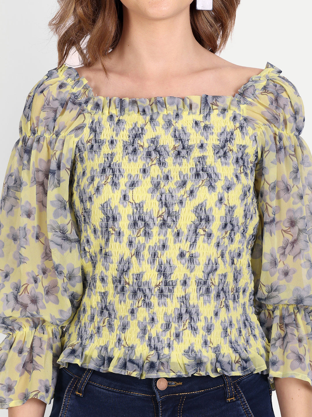 Essque Yellow Printed Front Smocking Full Sleeves Top - Essque Attire With Attitude