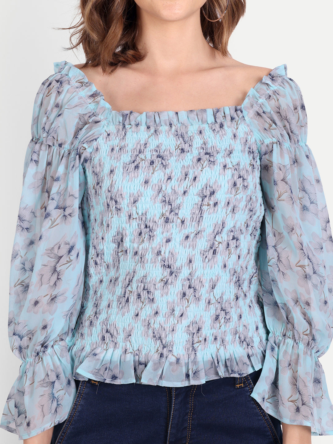 Essque Light Blue Print Front Smocking Full Sleeves Top - Essque Attire With Attitude