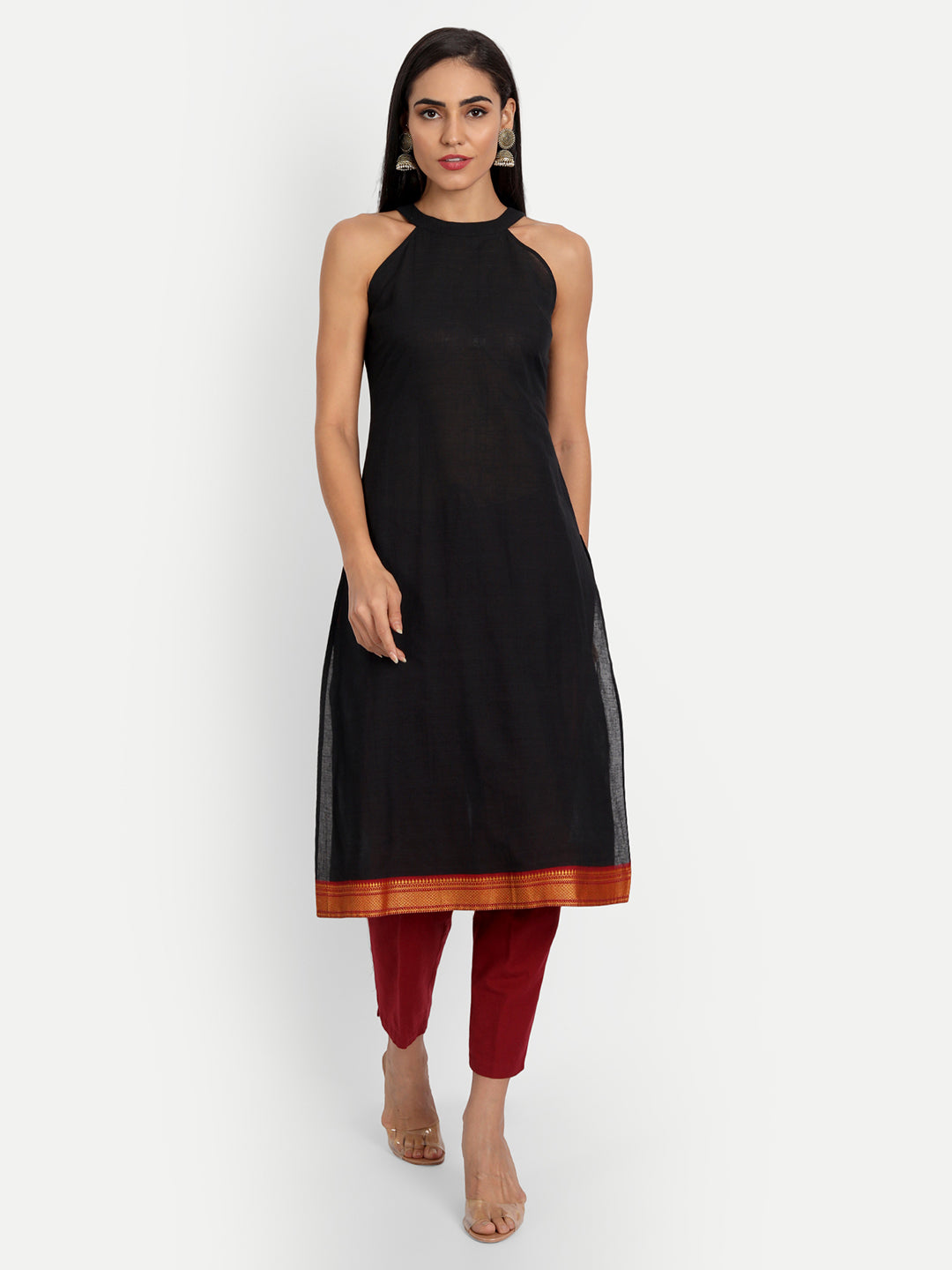 Essque Black Cotton Halter Neck Back Opening Kurta - Essque Attire With Attitude