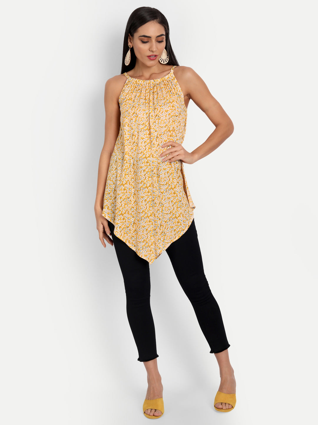 Essque Yellow Printed Halter Neck Asymmetric Top - Essque Attire With Attitude