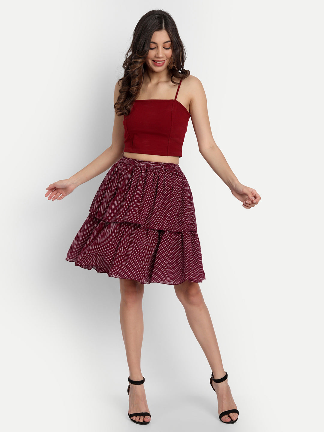 Essque Maroon Polka Dots Tiers Skirt - Essque Attire With Attitude