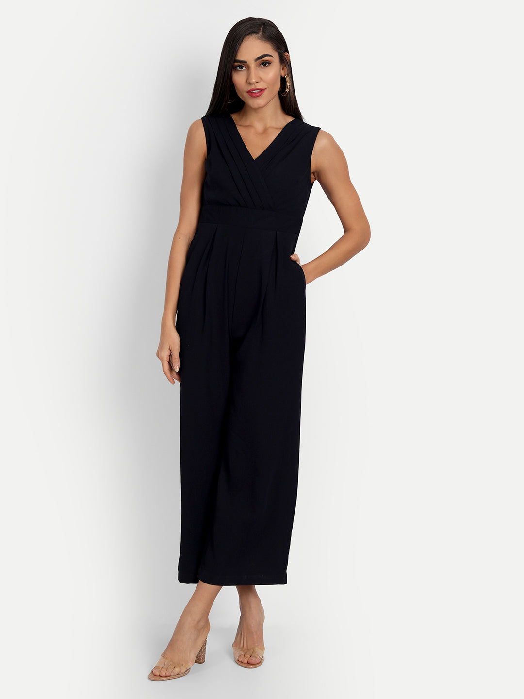 Essque Navy Blue Solid Front Detailed Jumpsuit - Essque Attire With Attitude