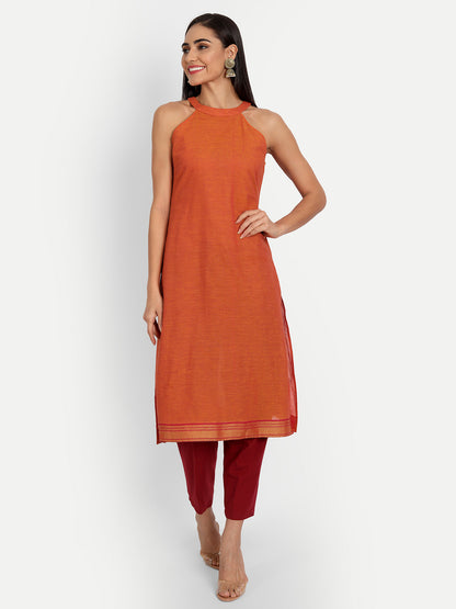 Essque Orange Cotton Halter Neck Back Opening Kurta - Essque Attire With Attitude