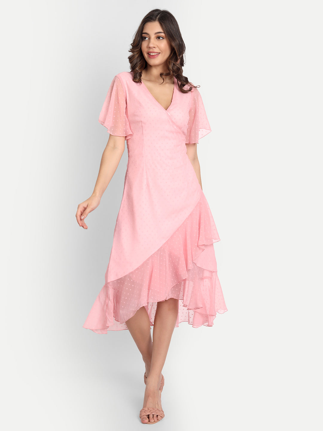 Essque Pink Swiss Dot Ruffle Midi Dress - Essque Attire With Attitude