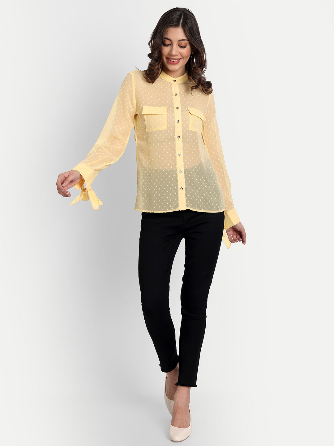 Essque Yellow Swiss Dot Mandarin Collar Shirt - Essque Attire With Attitude