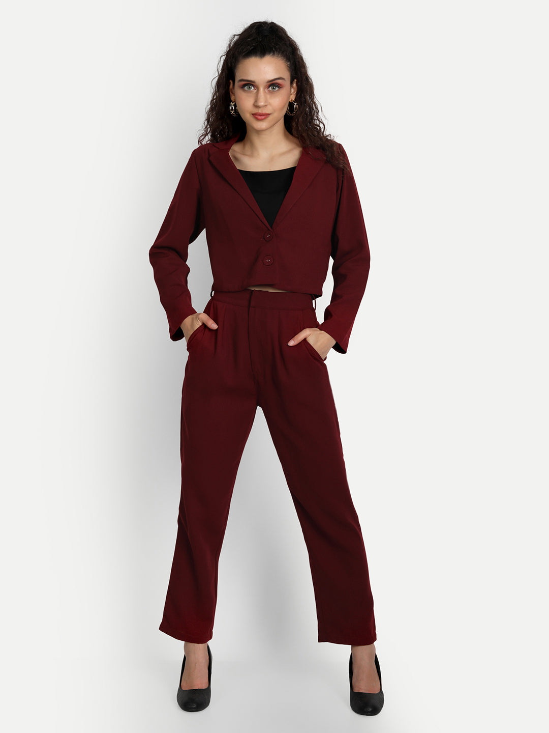 Essque Maroon Solid Jacket Co-Ords Set - Essque Attire With Attitude