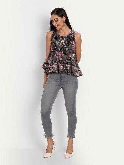 Essque Brown Multi Floral Print Sleeveless Ruffle Top - Essque Attire With Attitude