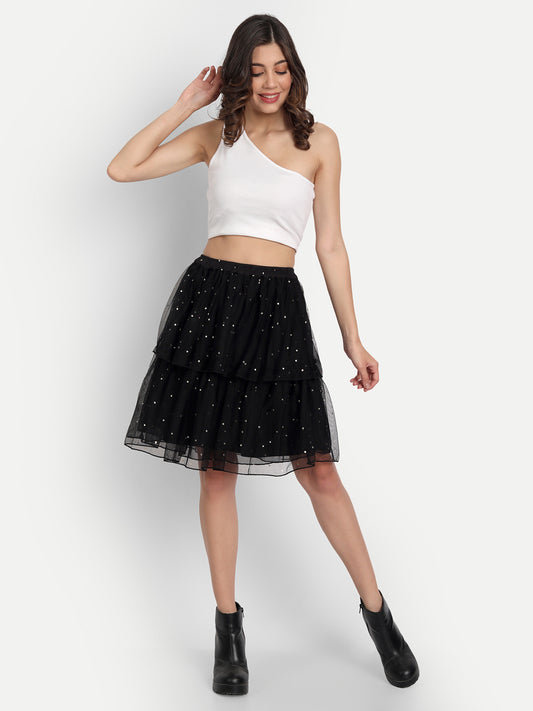 Essque Black Mesh Foil Print Tiers Skirt - Essque Attire With Attitude