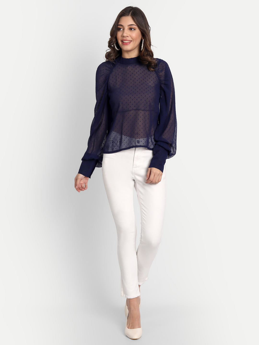 Essque Blue Self Design Bishop Sleeves Top - Essque Attire With Attitude