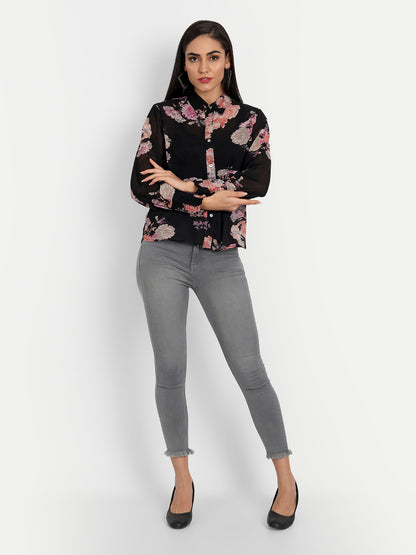 Essque Black Floral Print Consie Bishop Sleeves Shirt - Essque Attire With Attitude