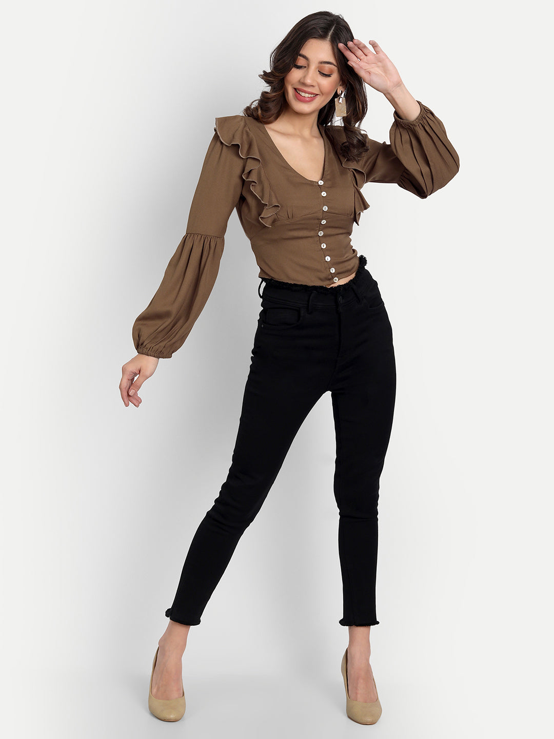 Essque Brown Front Button V-Neck Ruffle Top - Essque Attire With Attitude