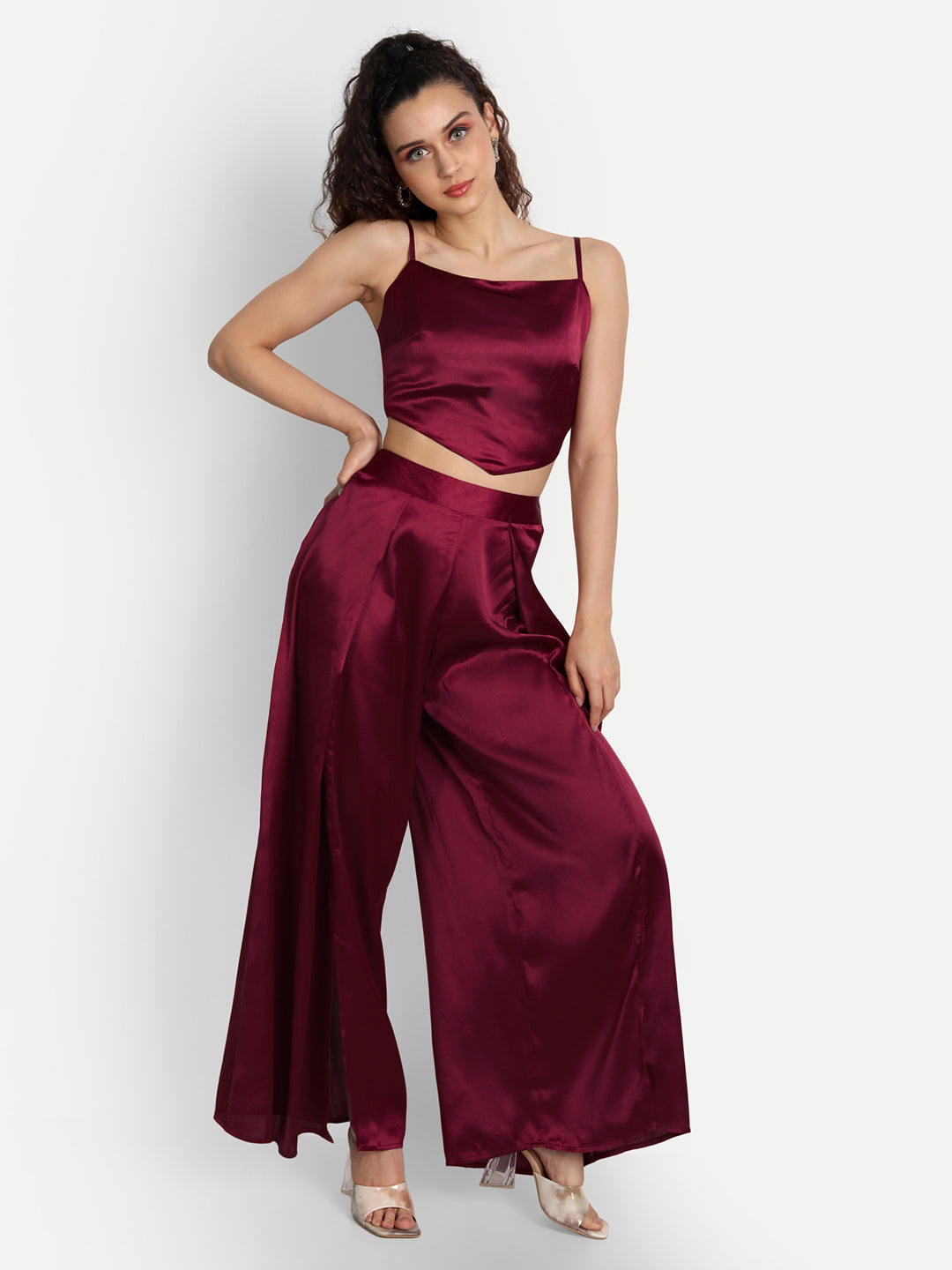 Essque Maroon Solid Satin Stylish Co-Ord Set - Essque Attire With Attitude