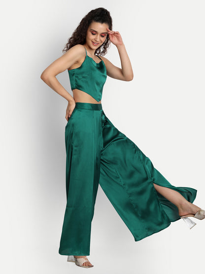 Essque Green Solid Satin Stylish Co-Ord Set - Essque Attire With Attitude