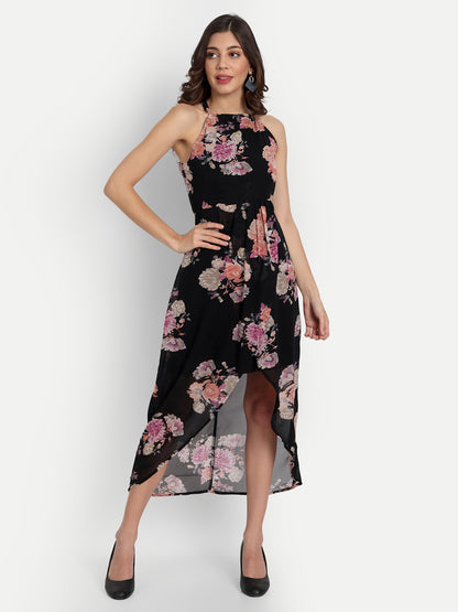 Essque Black Floral Printed Back Tie-Up Dress - Essque Attire With Attitude