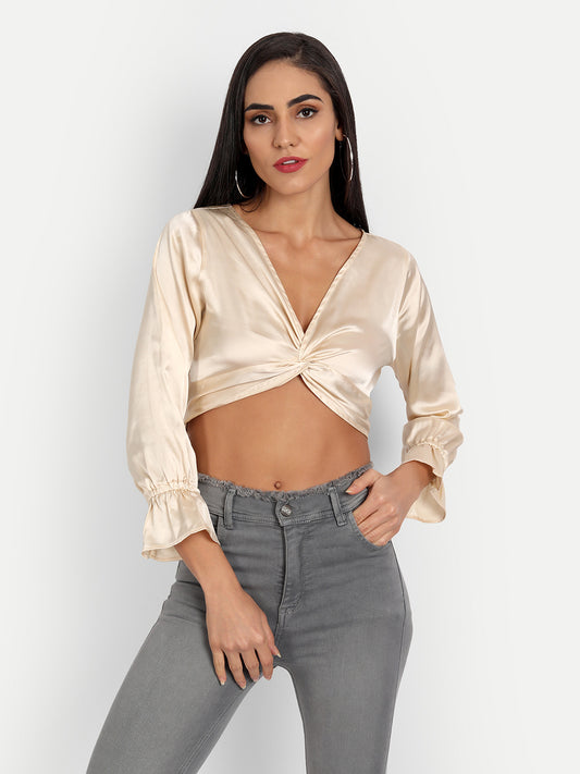 Essque Women Beige Satin Solid Front Twist Top - Essque Attire With Attitude