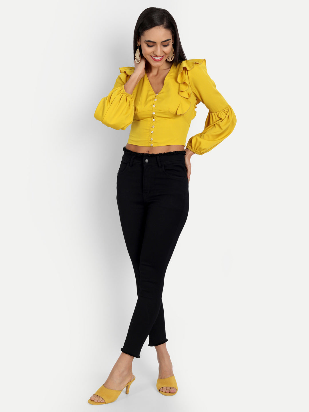 Essque Mustard Front Button V-Neck Ruffle Top - Essque Attire With Attitude