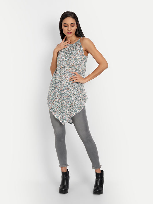 Essque Teal Printed Halter Neck Asymmetric Top - Essque Attire With Attitude